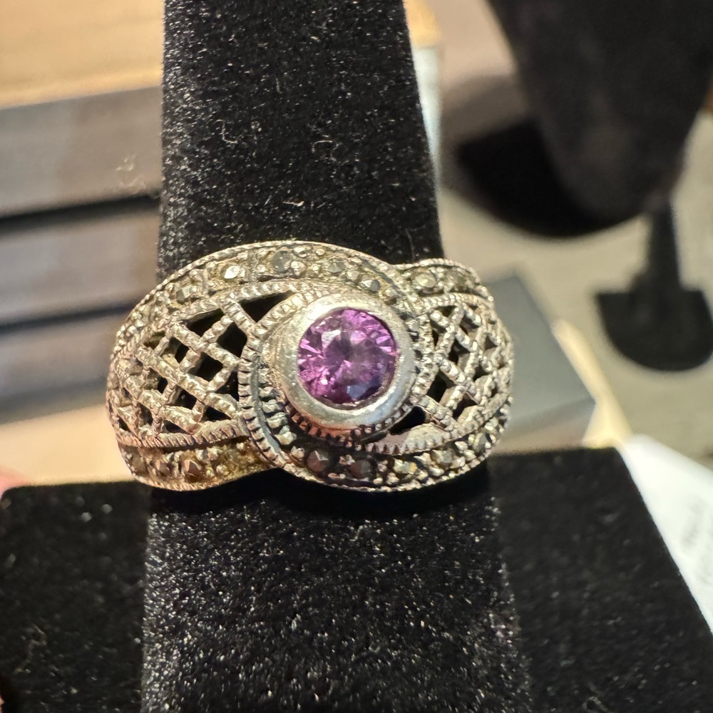 Vintage Marcasite Amethyst Sterling Silver 925 Ring, Size 8